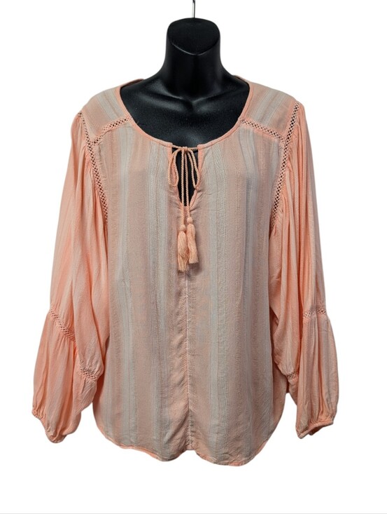 Ariat Tops - Ariat Women Peach Pink Striped Peasant Blouse Size XL Balloon Sleeve Tassel Lace